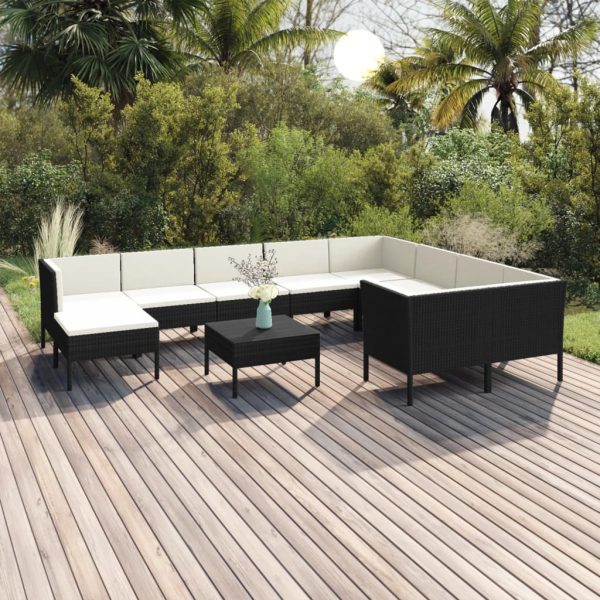 11 pcs conjunto lounge de jardim c/ almofadões vime PE preto