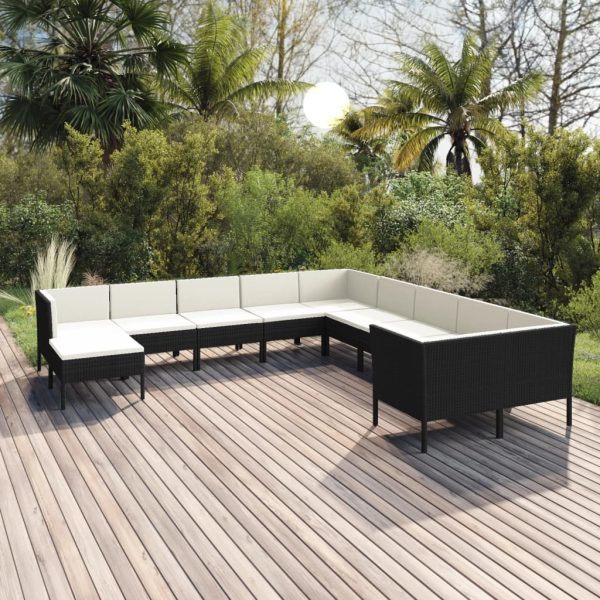 11 pcs conjunto lounge de jardim c/ almofadões vime PE preto