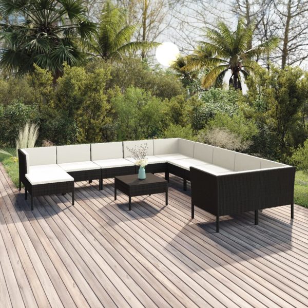 12 pcs conjunto lounge de jardim c/ almofadões vime PE preto