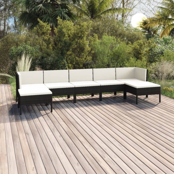 7 pcs conjunto lounge de jardim c/ almofadões vime PE preto